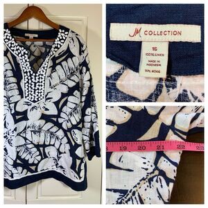 JM Collection Blouse Women 16 Linen Shirt Floral Coastal Bloomcore Summer Beaded